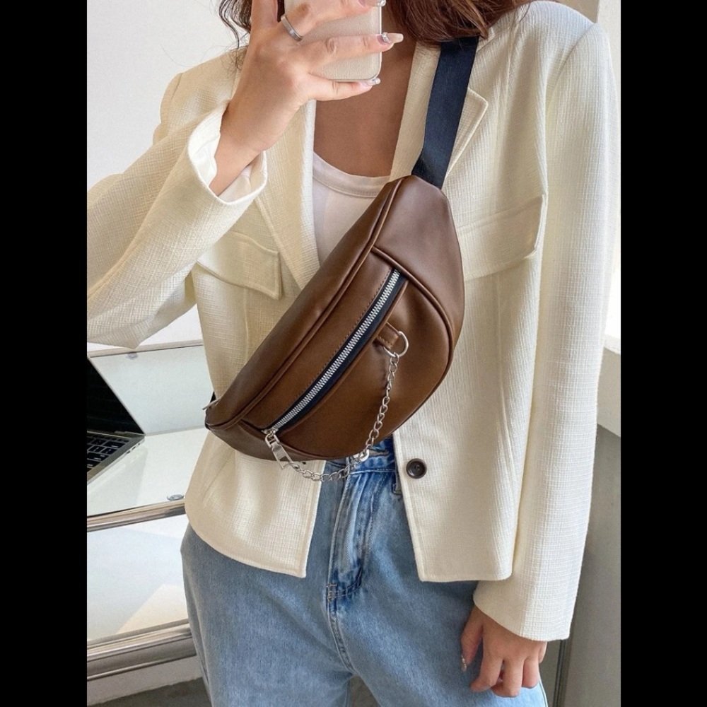 💙 Leather Brown Double Pockets Chain Decor Adjustable Strap Fanny Pack